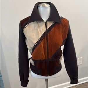 Rikki XS Leather Patchwork Knit Sweater Zip Jacket with Brown and Cream Accents